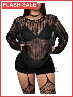 Plus Size Y2K Cut Out Long Sleeve Punk Grunge Knit Sweater